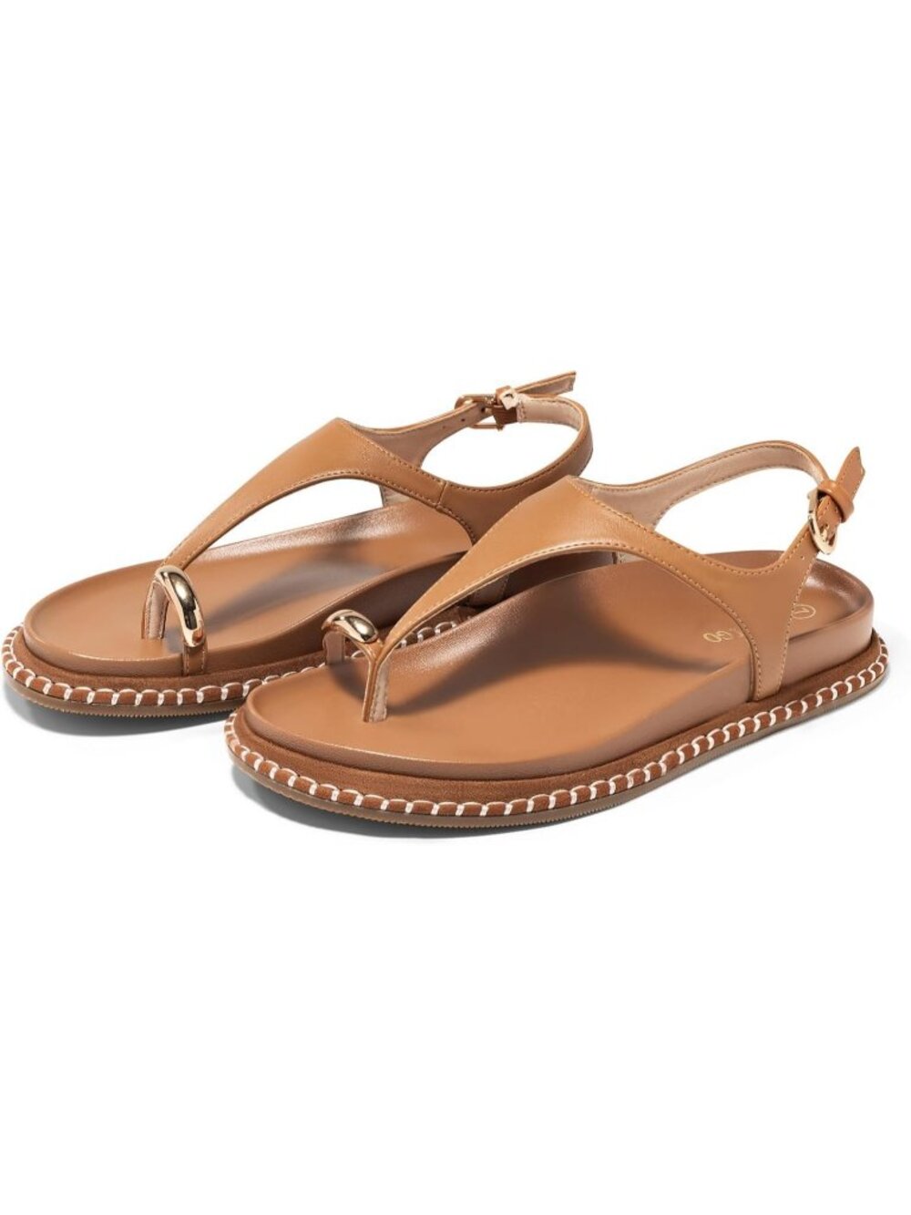 Women's Brown Summer Comfortable T Strap Ring Toe Ankle Strap Beach Flat Sandals